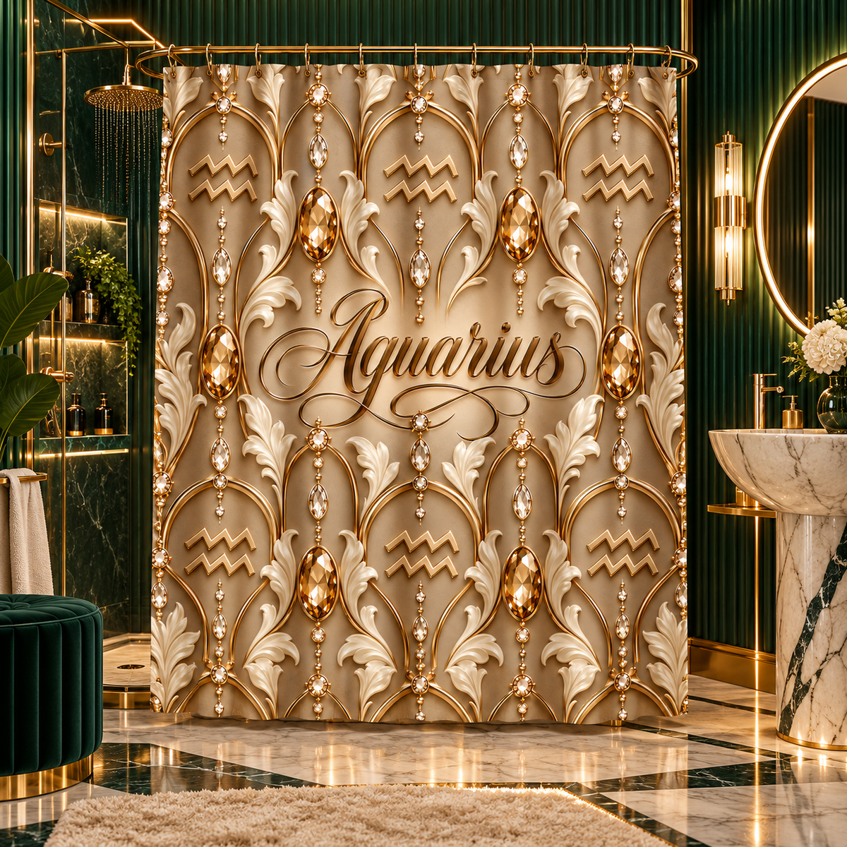 Aquarius Zodiac Elegant Gold Astrological — Shower Curtain Bathroom Decor