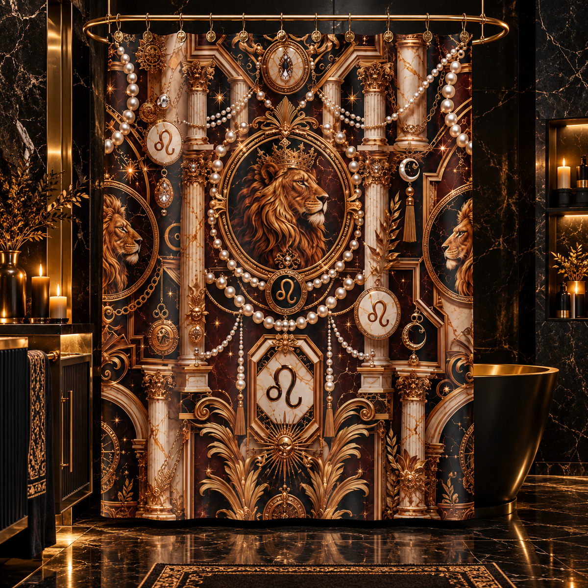 Leo Zodiac Luxury Shower Curtain — Gold Art Deco Lion Emblem, Pearl Draping, Regal Bathroom Decor
