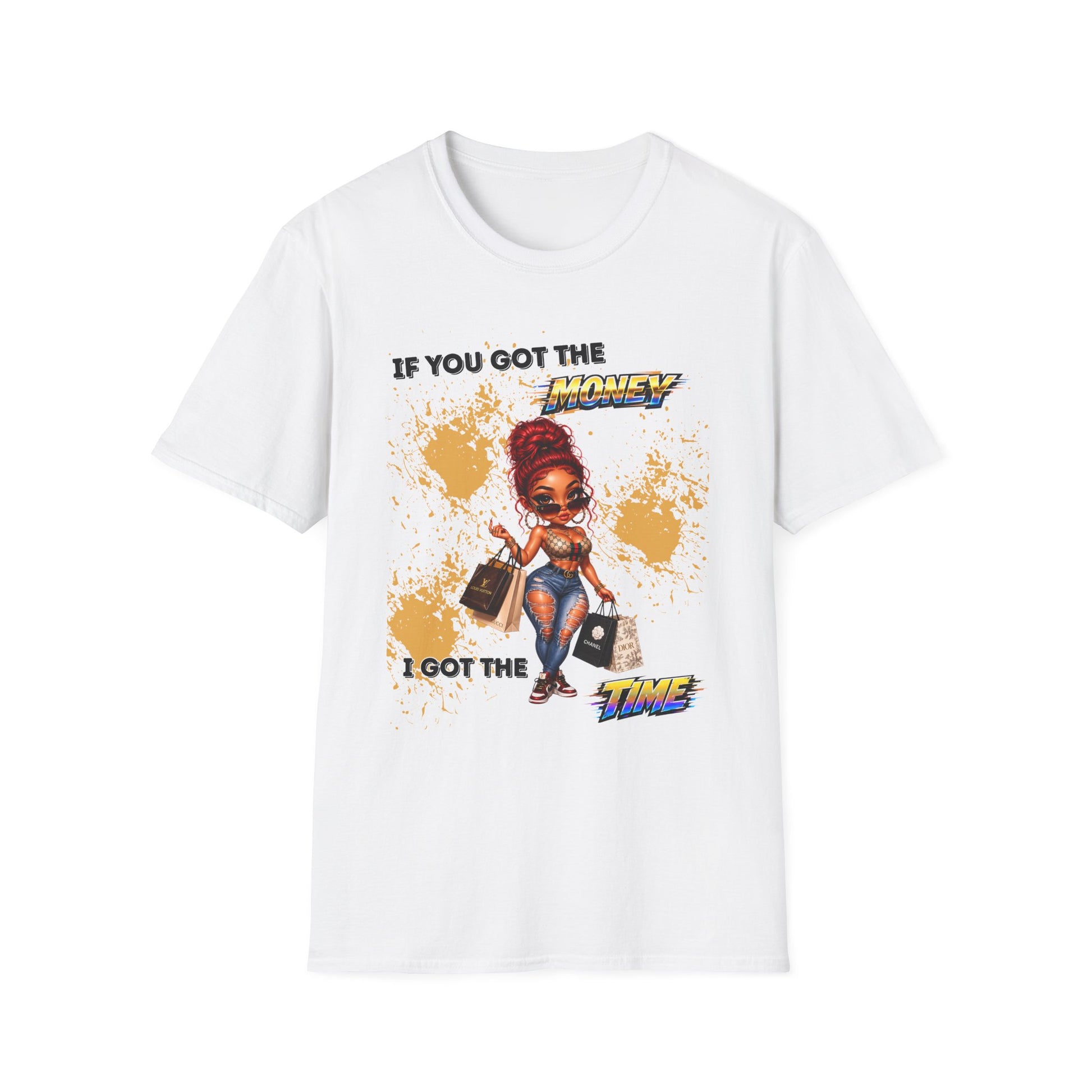 White t-shirt with graphic design of a woman and text on a white background