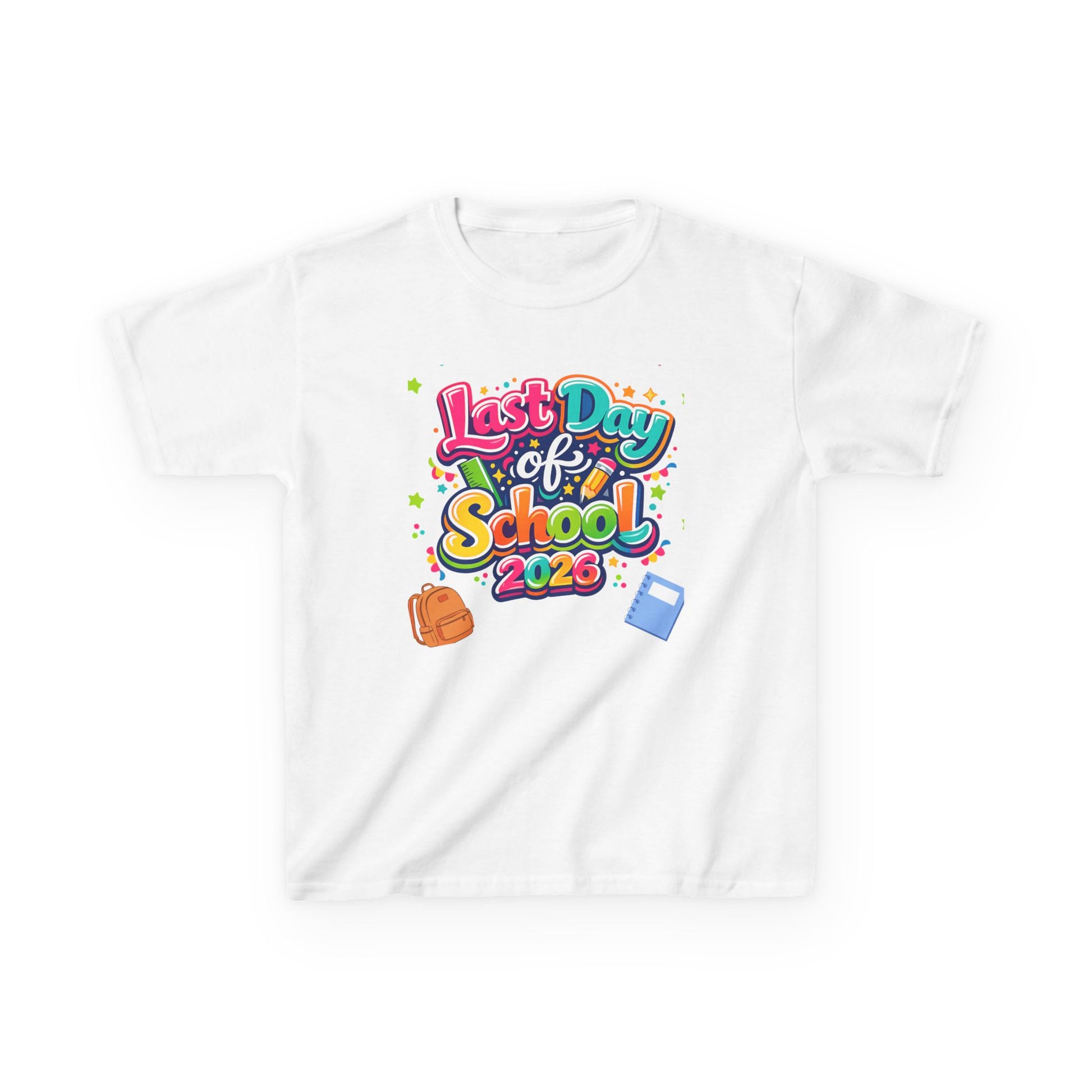 White t-shirt with 'Last Day of School 2026' text and graphics on a white background