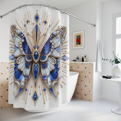 A white fabric shower curtain featuring a large ornate butterfly design in shades of blue, gold, and white, hanging in a bright modern bathroom.