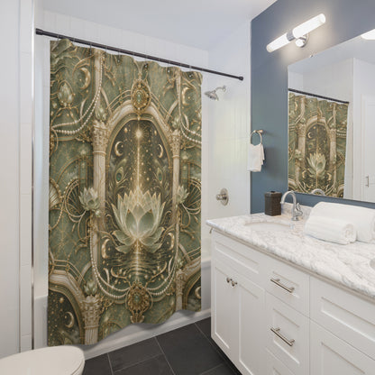 Lotus Arch Shower Curtain — Mystical Green Lotus & Starfall Bathroom Decor