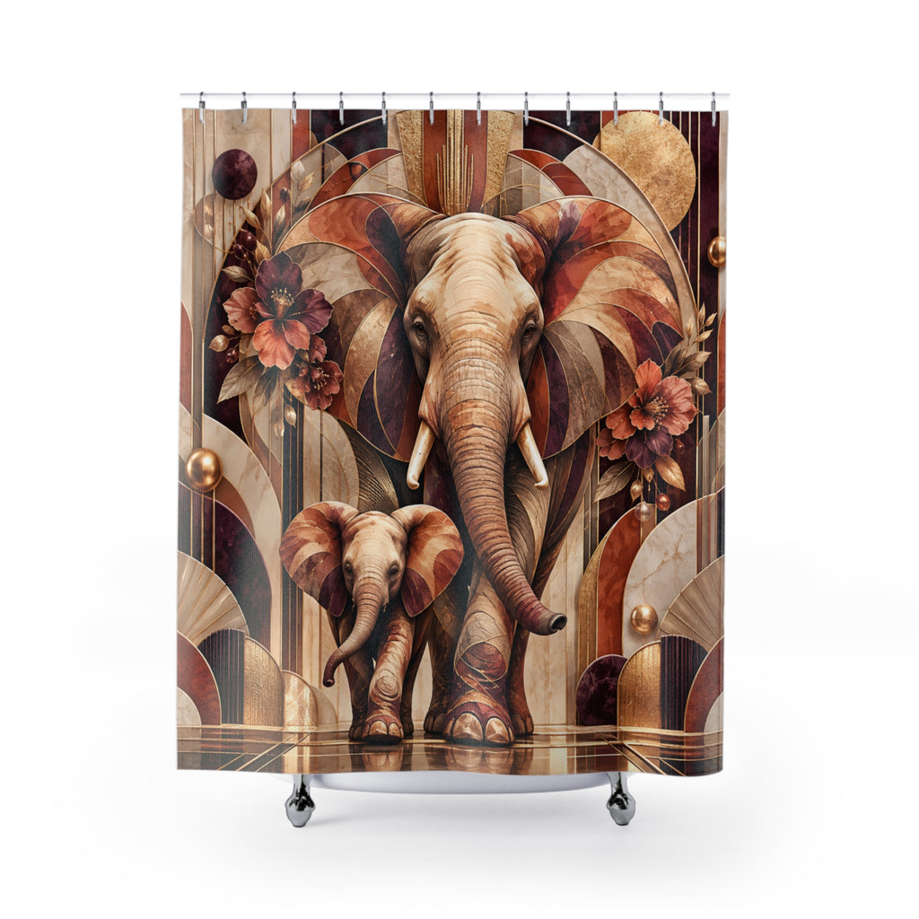 Safari Elephant Mom & Calf Shower Curtain — Boho Vintage Shower Curtain
