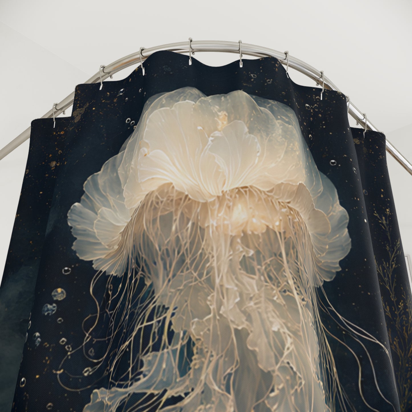 A dark navy shower curtain featuring a large, detailed illustration of a translucent cream-colored jellyfish with long flowing tentacles, hanging from a curved metal rod against a light background.