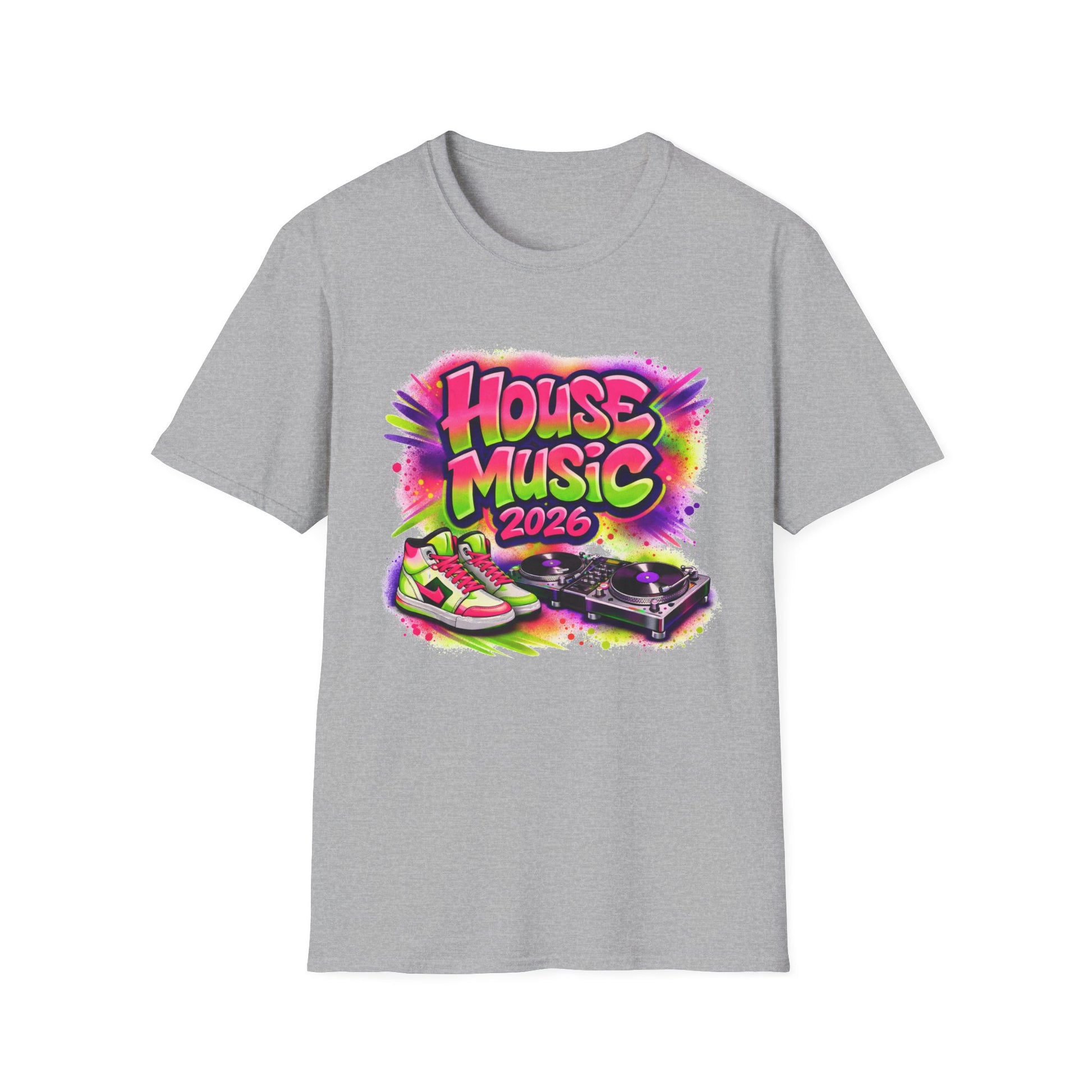 Gray t-shirt with 'House Music 2026' graphic design on a white background