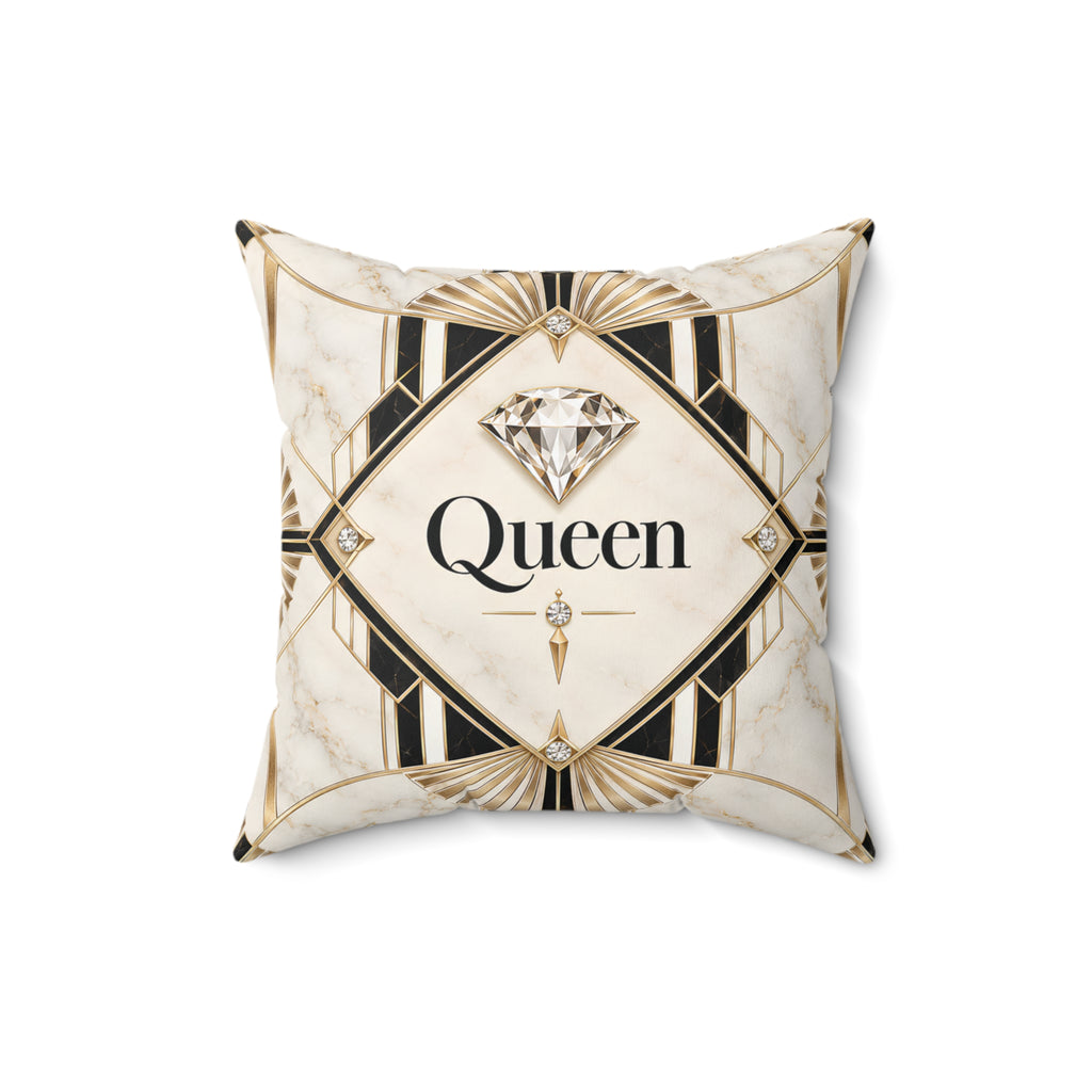 A square decorative throw pillow with an Art Deco style design featuring a cream marble background, black and gold geometric patterns, and a central diamond graphic above the word 'Queen' in black script.
