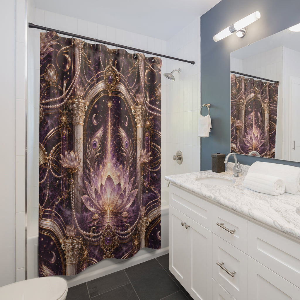 A bathroom scene showing a shower curtain with an ornate purple and gold celestial pattern, hanging in a modern white and blue-gray bathroom with a marble countertop and mirror.
