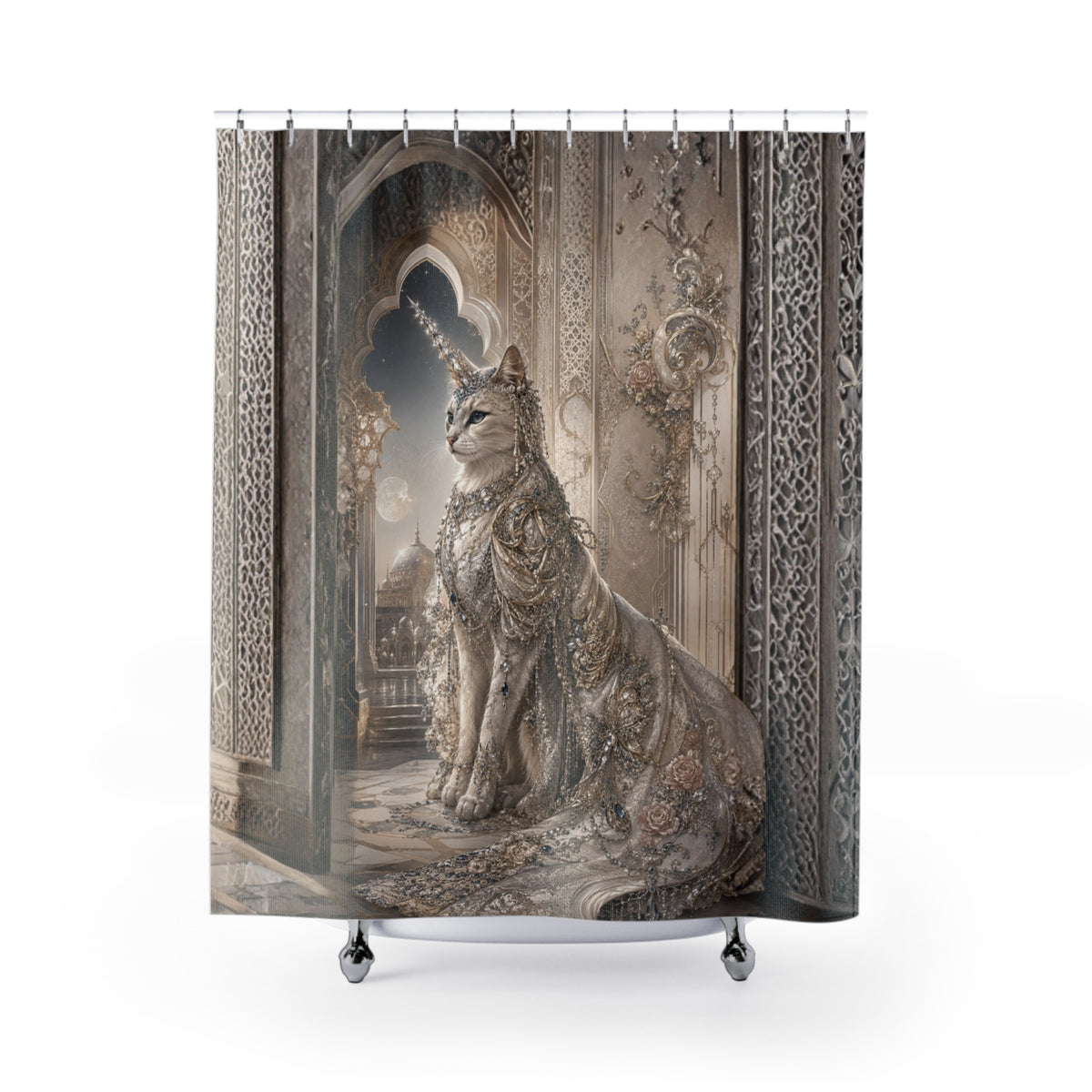 A shower curtain featuring a detailed fantasy-style print of a seated cat with a unicorn horn, ornate jewelry, and an elaborate architectural interior. The curtain is shown hanging from silver rings on a white rod against a light gray background.