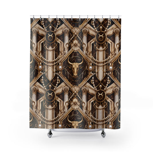 Decorative Taurus zodiac shower curtain with intricate gold and black pattern on a white background