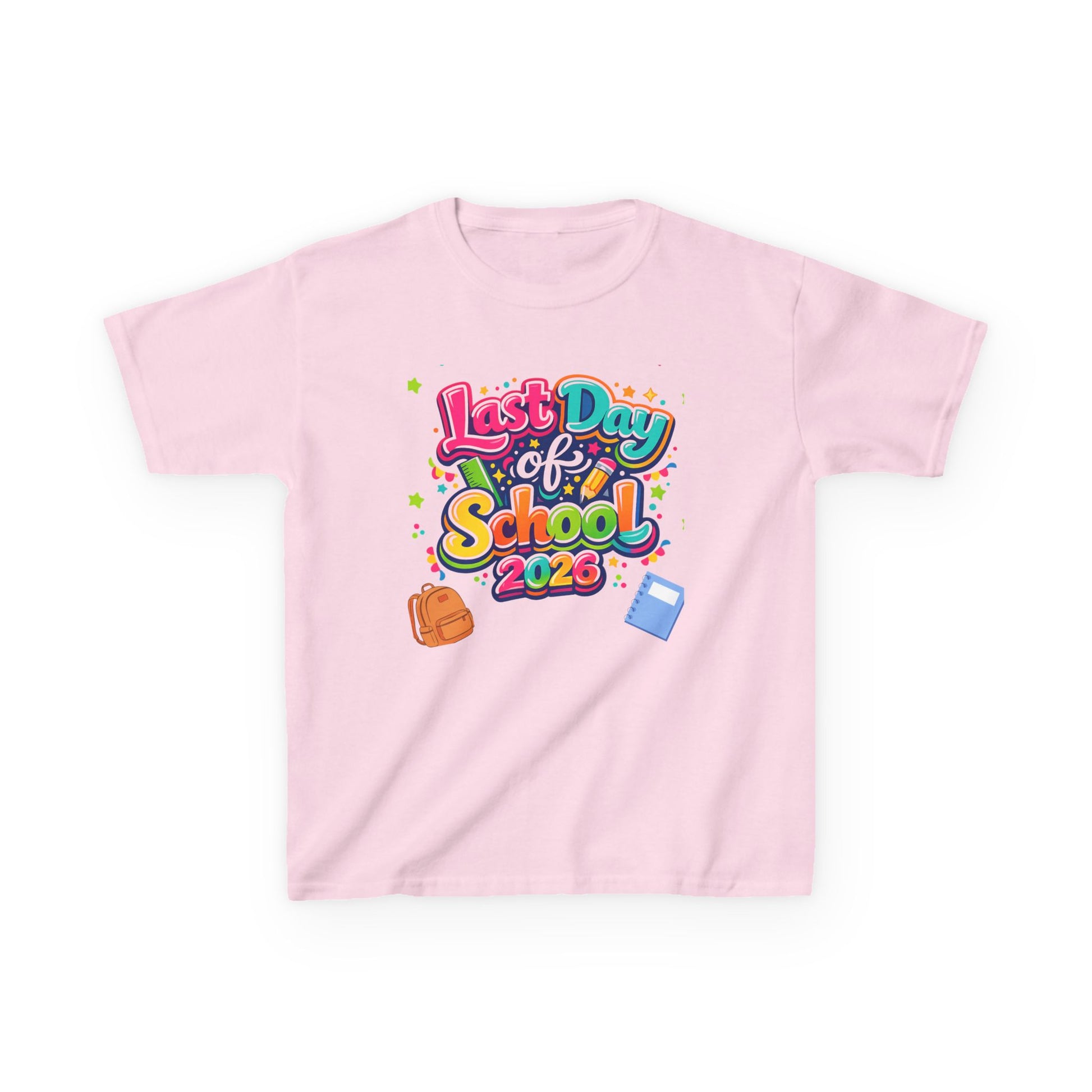 Pink t-shirt with 'Last Day of School 2026' text and graphics on a white background