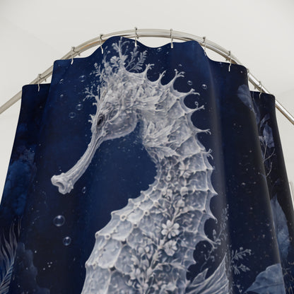 A dark navy blue shower curtain featuring a large white seahorse illustration with delicate floral details, hanging from a curved metal rod against a light background.