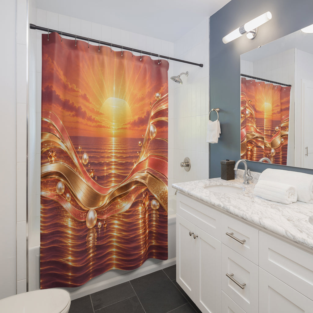A shower curtain featuring a golden sun over ocean waves with reflective metallic patterns, shown hanging in a modern white bathroom with a marble vanity and mirror.