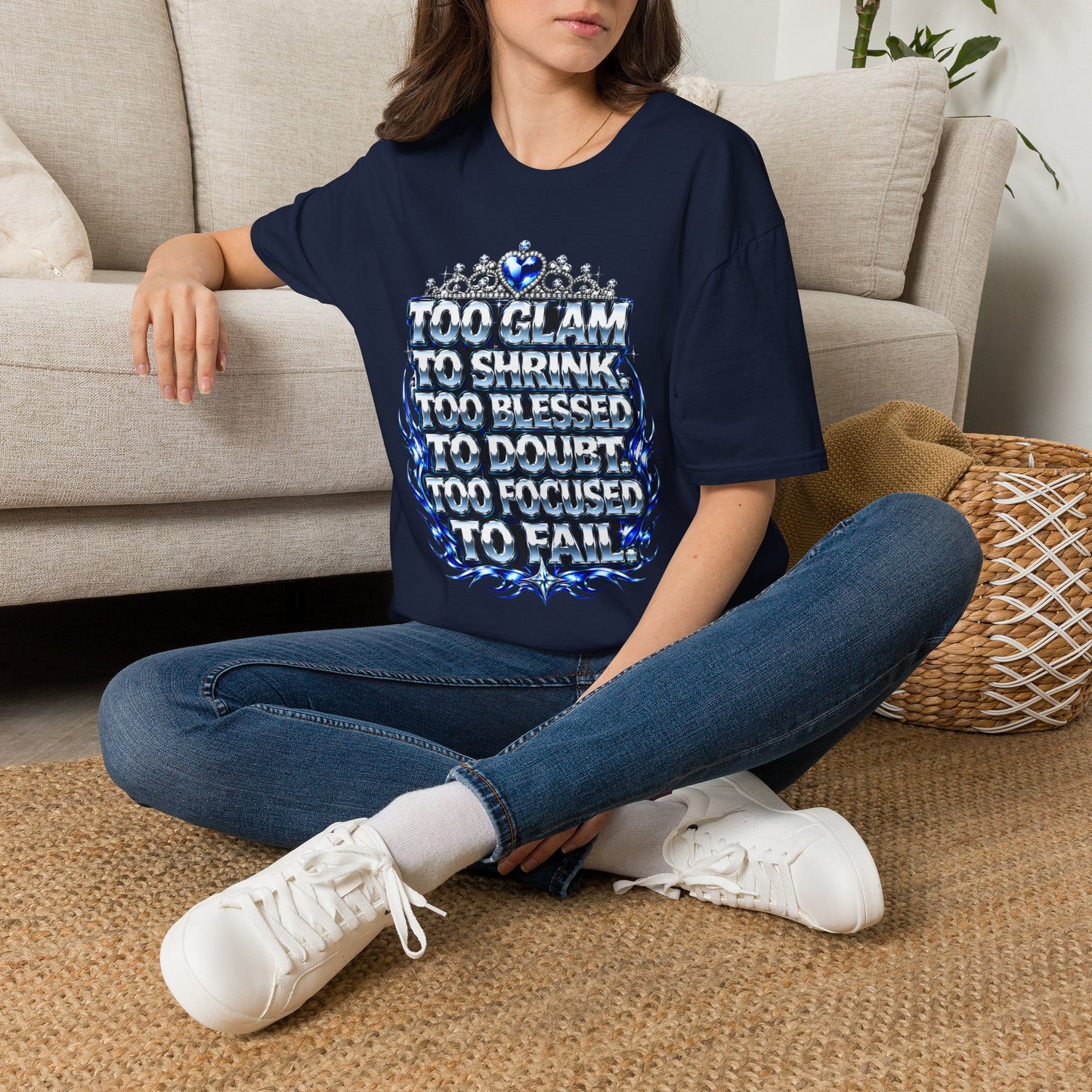 Too Glam to Shrink Too Blessed T-Shirt — Faux Rhinestone Tiara Graphic