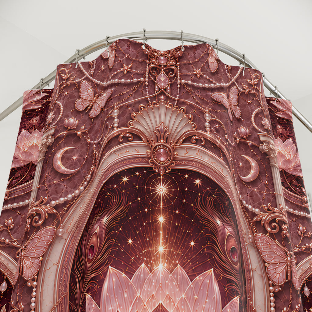 A large decorative event  shower curtain featuring an ornate celestial archway design in dusty rose, mauve, and pink tones, with butterflies, crescent moons, stars, and pearl-like accents.