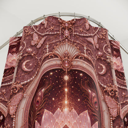 A large decorative event  shower curtain featuring an ornate celestial archway design in dusty rose, mauve, and pink tones, with butterflies, crescent moons, stars, and pearl-like accents.