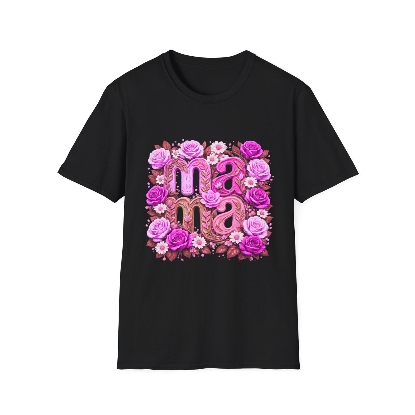 Black t-shirt with 'mama' design featuring pink roses and flowers on a white background