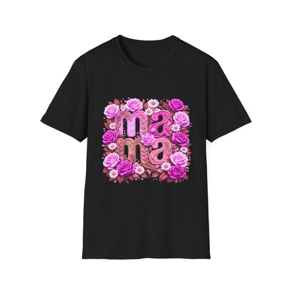 Black t-shirt with 'mama' design featuring pink roses and flowers on a white background