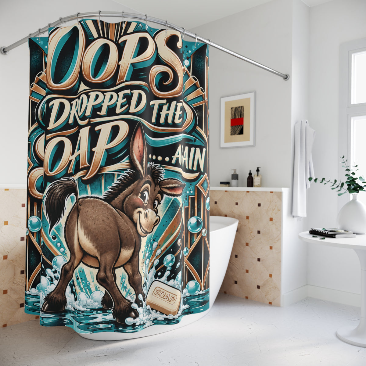 A colorful novelty shower curtain hanging in a bright white bathroom. The curtain features a cartoon donkey splashing in water with the text 'Oops Dropped The Soap Ain' and a bar of soap at the bottom.
