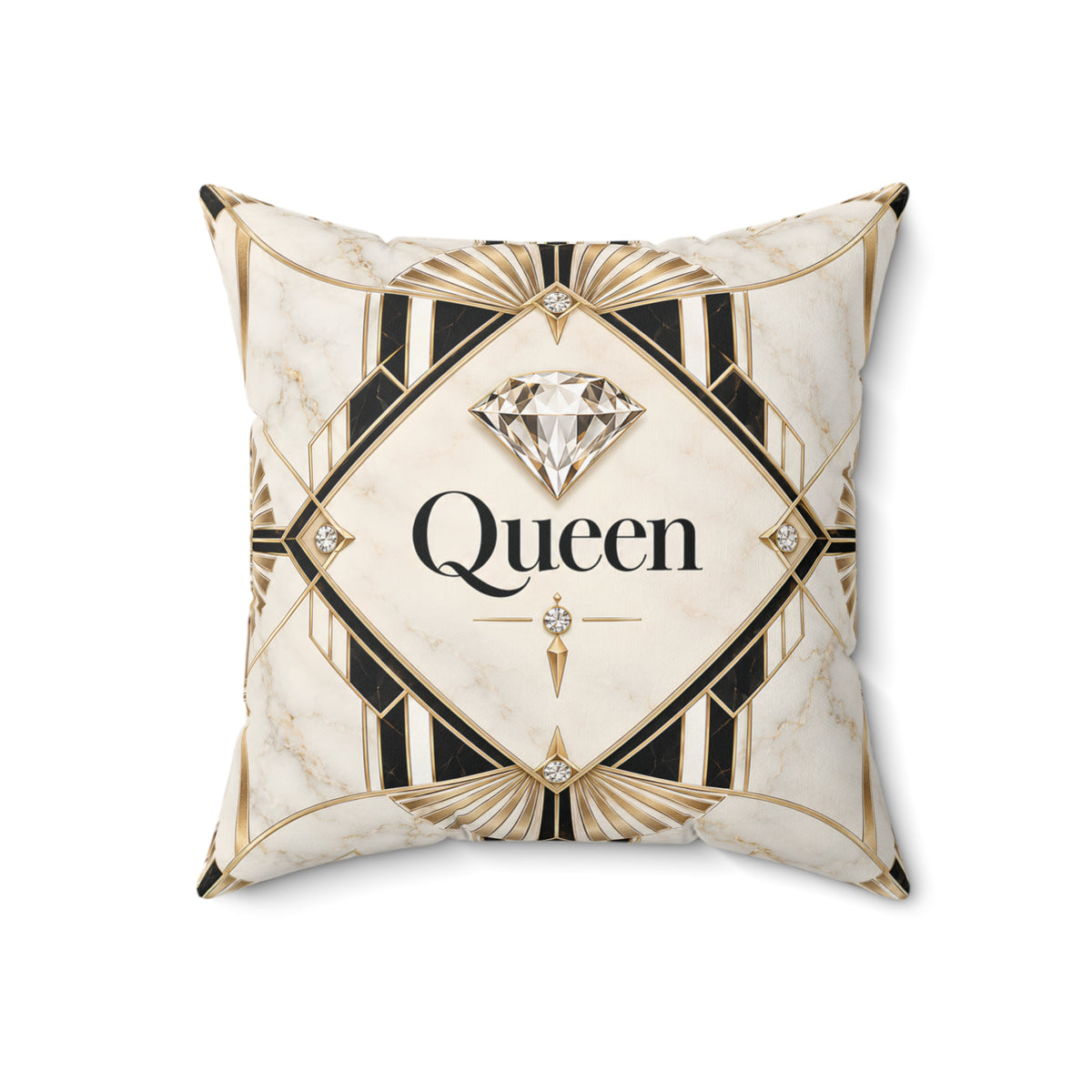 A square decorative throw pillow with an Art Deco style design featuring a cream marble background, black and gold geometric borders, and a central diamond graphic above the word 'Queen' in black script.