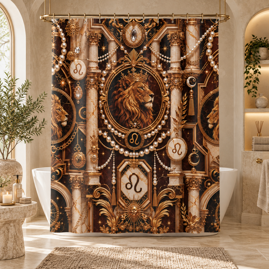 Leo Zodiac Luxury Shower Curtain — Gold Art Deco Lion Emblem, Pearl Draping, Regal Bathroom Decor