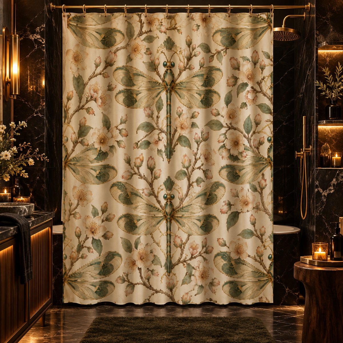A luxury bathroom scene featuring a large shower curtain with a vintage botanical dragonfly pattern in beige, green, and brown tones. The background is a dark, elegant bathroom with black marble walls, gold fixtures, and warm candlelit lighting.