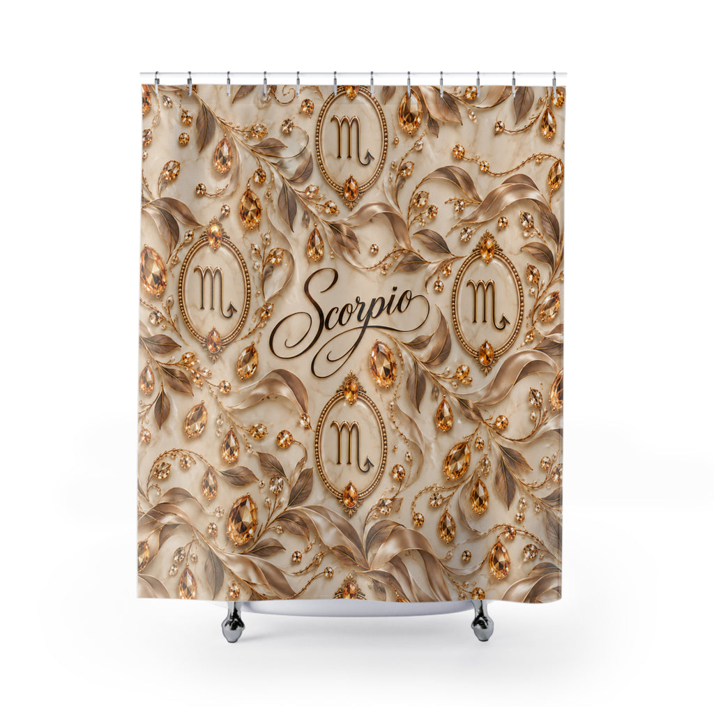 A shower curtain featuring a luxurious beige and gold pattern with ornate damask leaves, gem-like droplets, and four circular medallions containing the Scorpio zodiac symbol. The word 'Scopio' is written in elegant black cursive across the center.