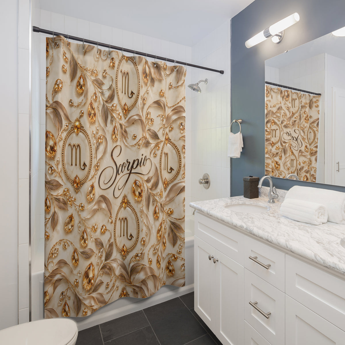 A bathroom shower curtain with an ornate beige and gold baroque-style pattern, featuring the word 'Soprio' and a Scorpio zodiac symbol. The curtain is shown hanging in a modern bathroom with a white vanity, marble countertop, and a blue accent wall.