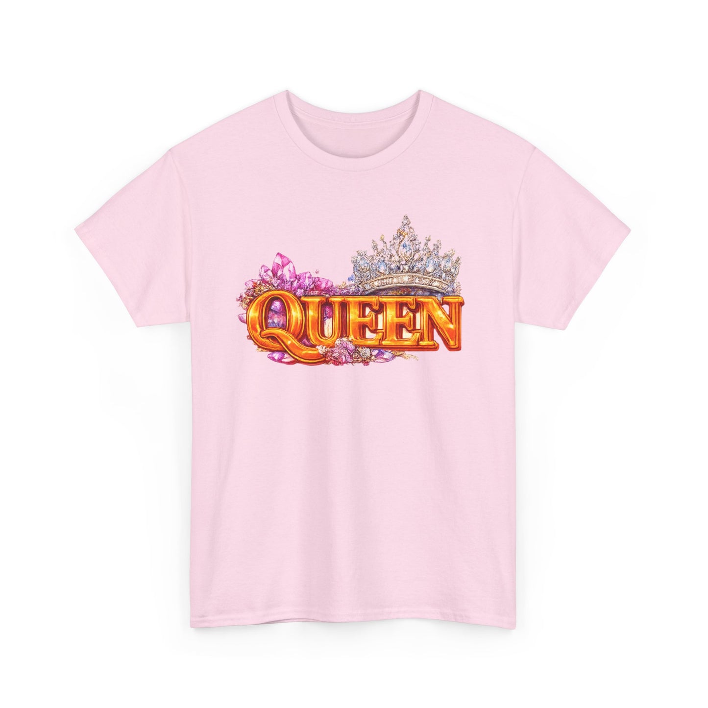 Pink t-shirt with 'QUEEN' text and tiara design on a white background