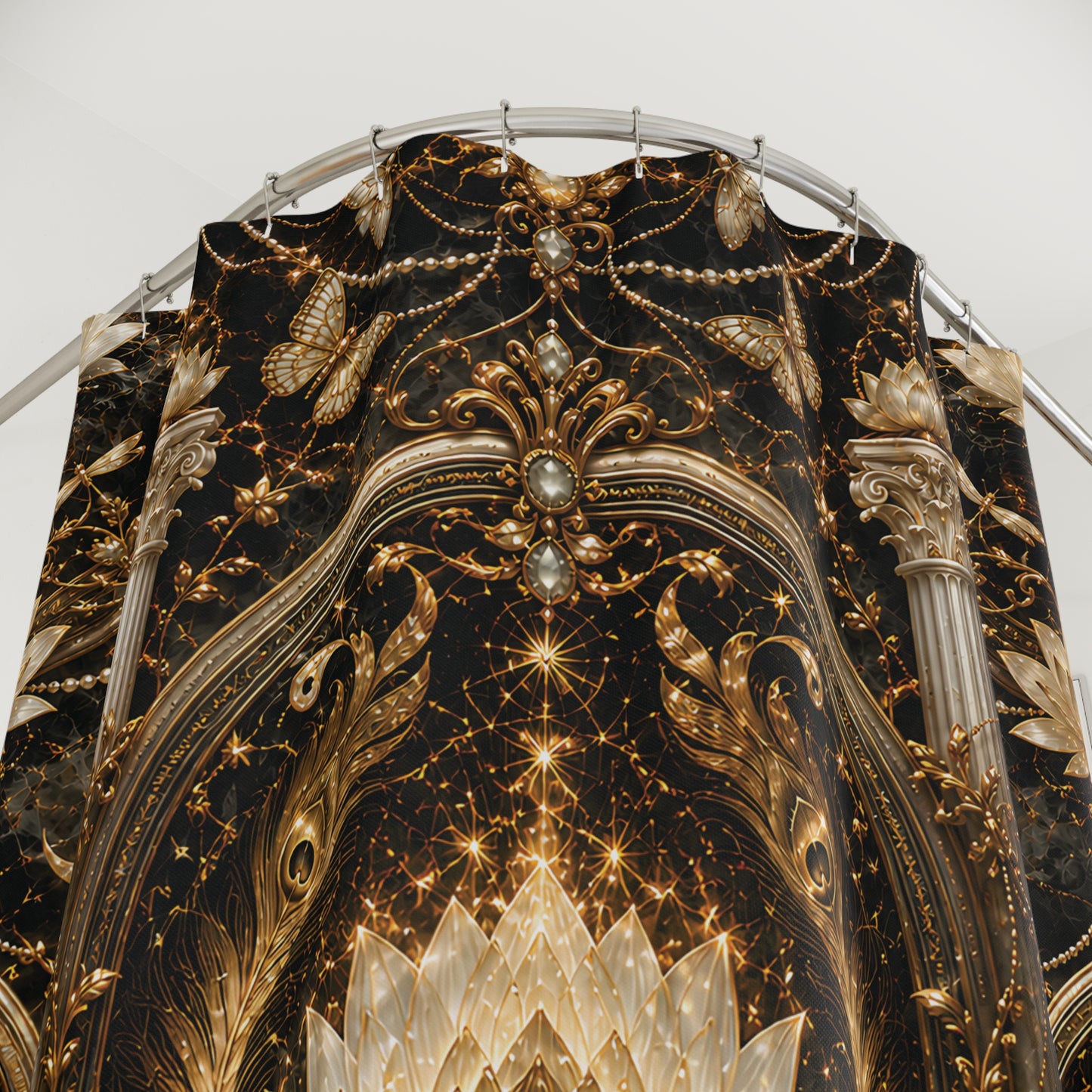 Luxurious Gold Lotus Shower Curtain — Ornate Spa Bathroom Decor