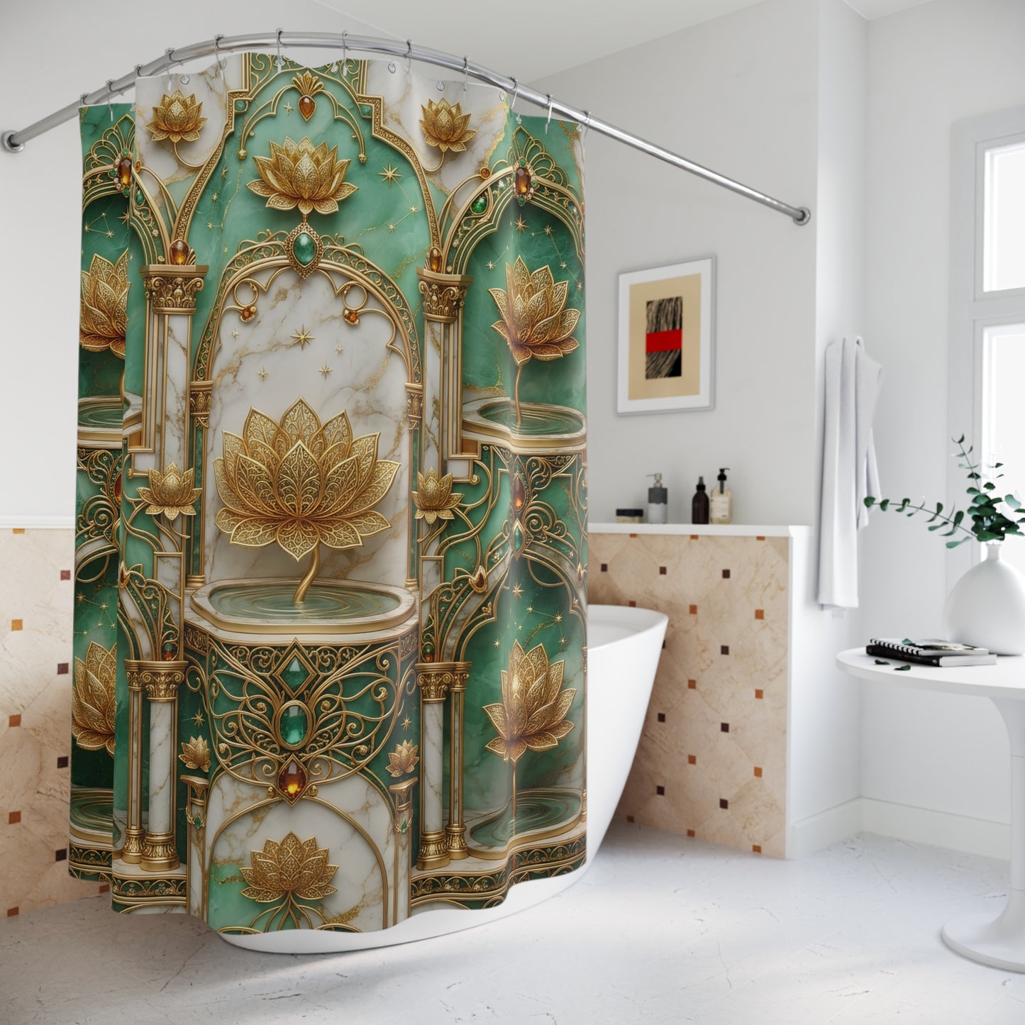 Lotus Palace Shower Curtain — Gold & Teal Luxe Bathroom Décor