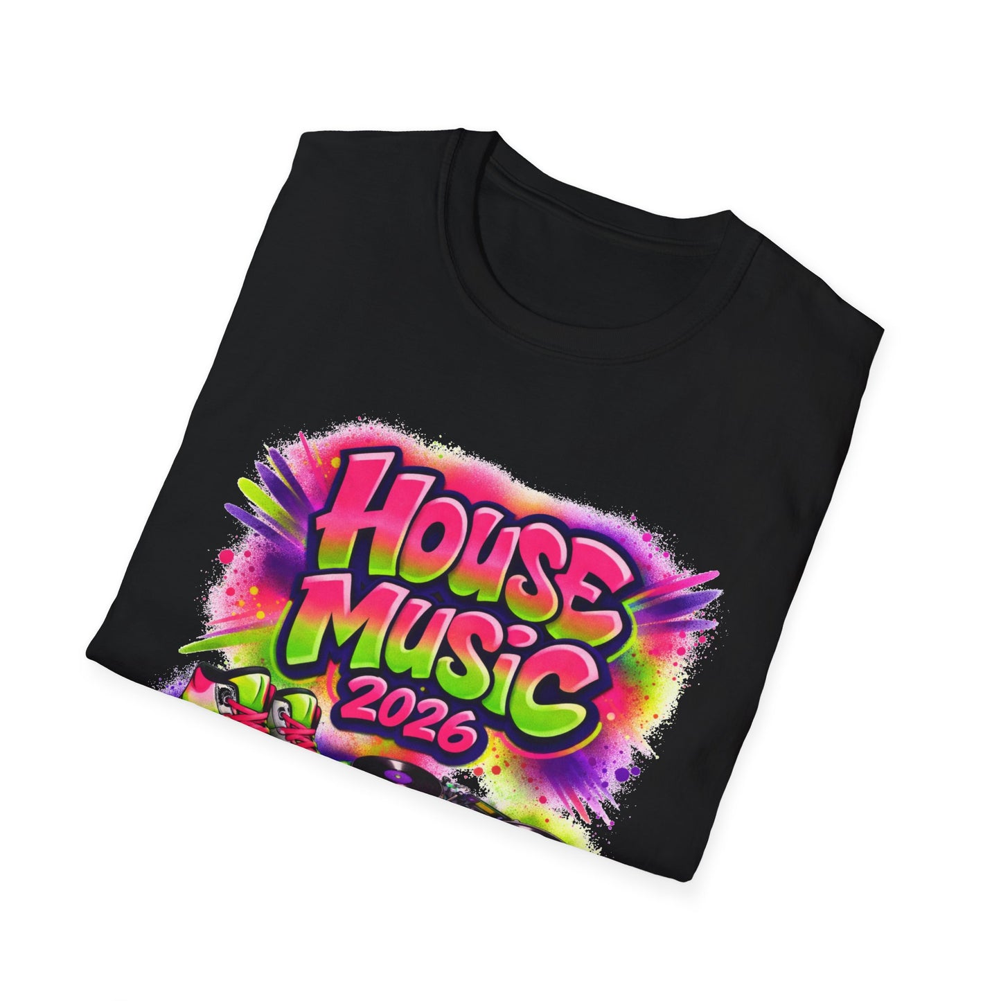 Black t-shirt with colorful 'House Music 2026' design on a white background