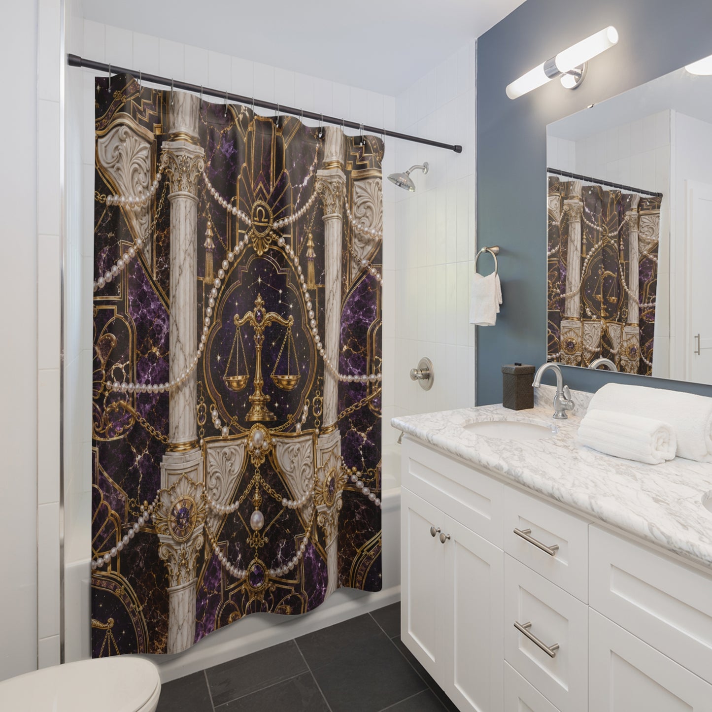 Bathroom with decorative shower curtain featuring Astrology Libra gold and purple design.