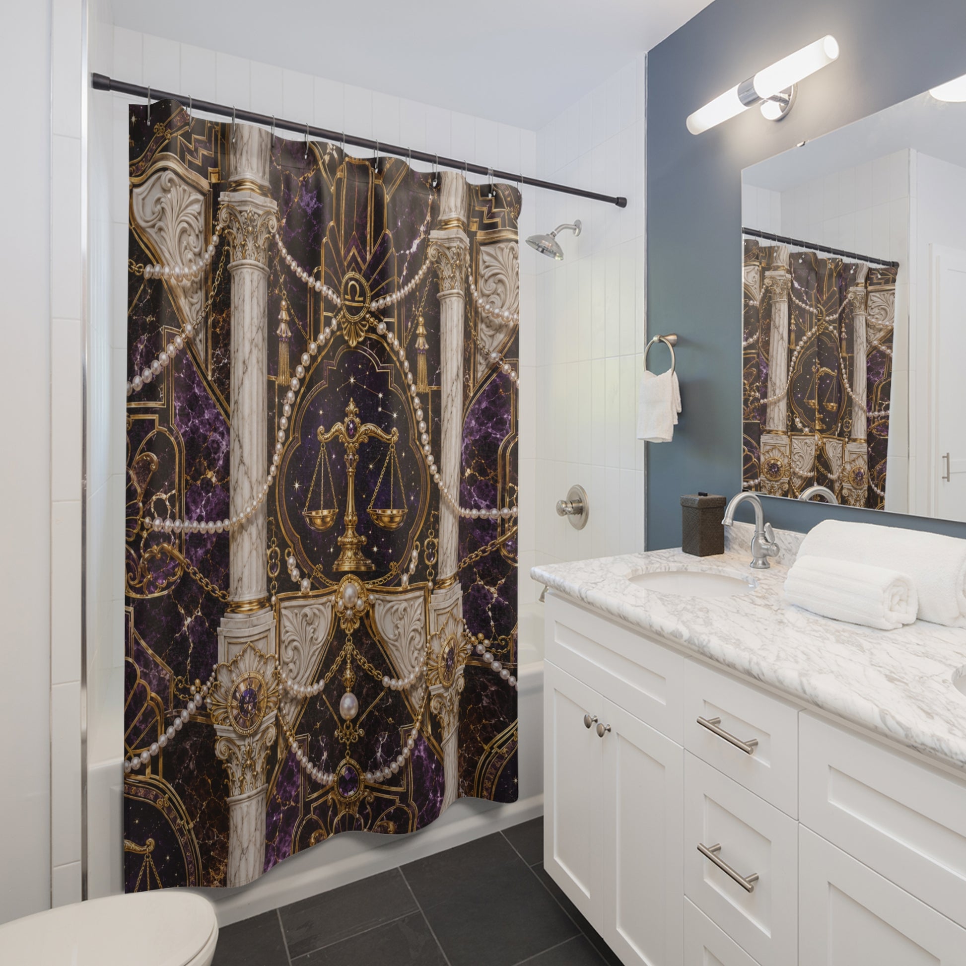 Bathroom with decorative shower curtain featuring Astrology Libra gold and purple design.