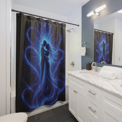 Romantic Cosmic Embrace Shower Curtain — Blue Galaxy Couple Bathroom Decor