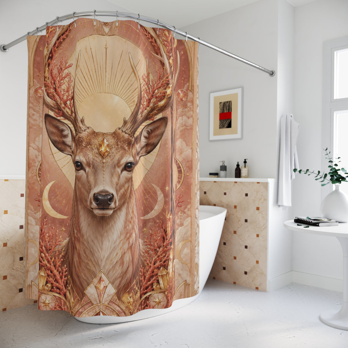 A decorative shower curtain hanging in a bright bathroom, featuring a large deer with antlers in warm beige, brown, and gold tones against a sunburst and geometric background.