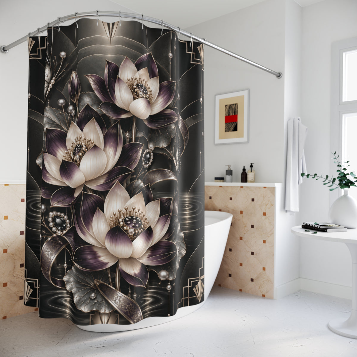 A shower curtain featuring a large-scale artistic print of lotus flowers in black, gray, and white with subtle purple undertones, hanging in a modern white bathroom.