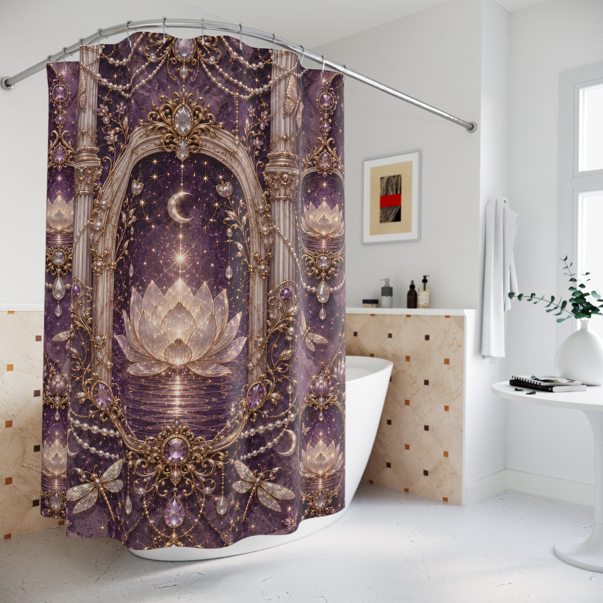 A purple and gold shower curtain featuring a celestial lotus design, hanging in a bright, modern white bathroom next to a bathtub.