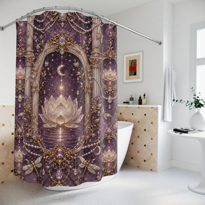 A purple and gold shower curtain featuring a celestial lotus design, hanging in a bright, modern white bathroom next to a bathtub.