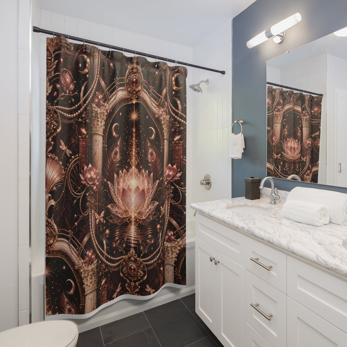 A bathroom scene showing a shower curtain with an ornate dark brown and bronze gothic floral pattern, installed next to a white vanity with a marble countertop and a mirror reflecting the curtain.