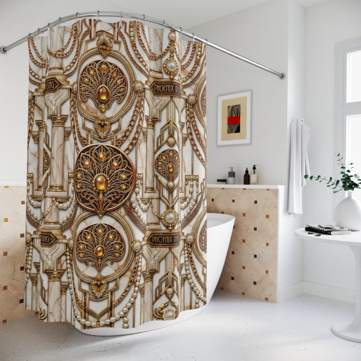A bathtub in a bright bathroom with a large decorative shower curtain featuring an ornate classical architectural pattern in beige, gold, and brown tones.