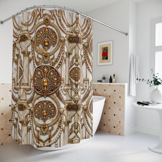A bathtub in a bright bathroom with a large decorative shower curtain featuring an ornate classical architectural pattern in beige, gold, and brown tones.