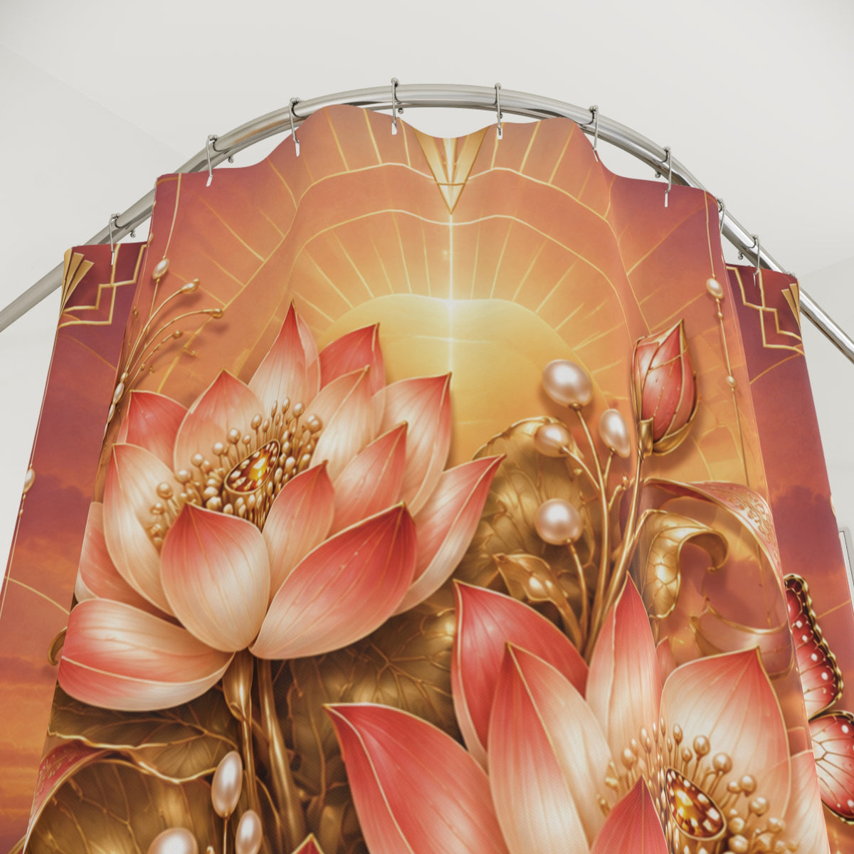 Large decorative shower curtain featuring stylized lotus flowers, gold leaf-like details, and pearl motifs, suspended from a curved metal frame against a plain light background.