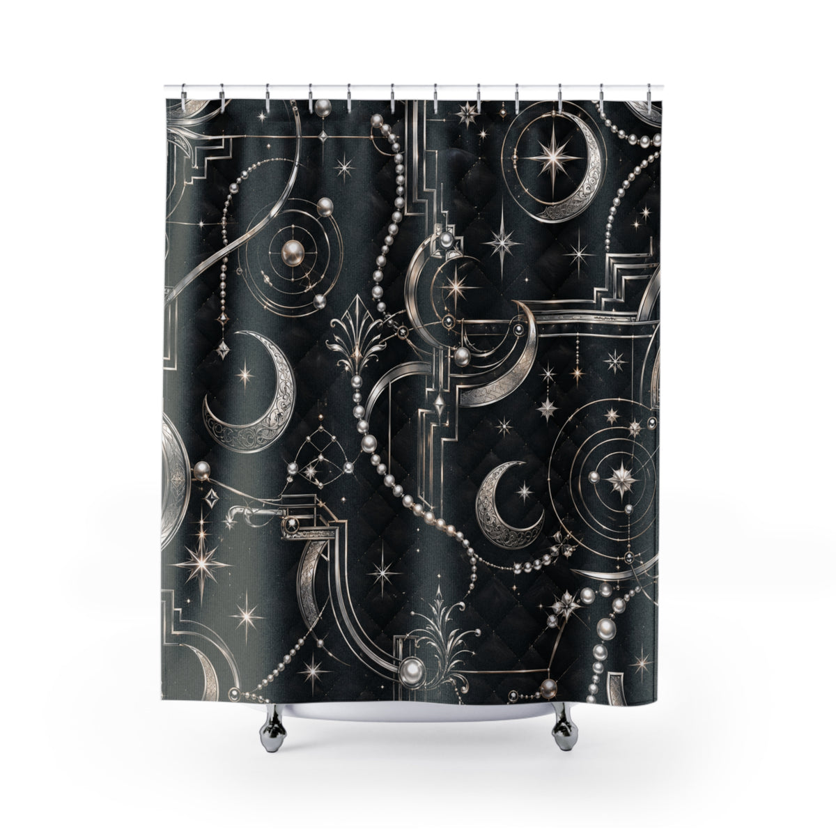 A shower curtain featuring an intricate celestial and geometric pattern in cream and gold on a black background, shown hanging from silver hooks with a white rod.
