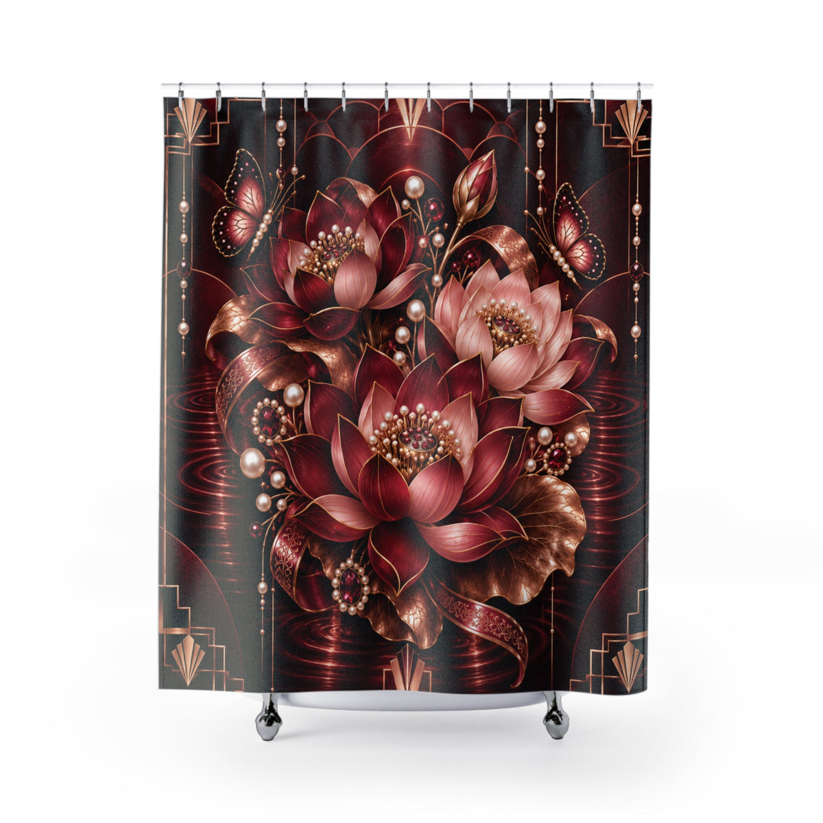 Burgundy Floral Lotus Shower Curtain — Elegant Pearl & Art Deco Bathroom Decor
