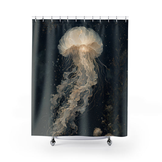 A shower curtain featuring a large, glowing jellyfish design on a dark background, shown hanging from silver hooks with a white tub edge visible at the bottom.