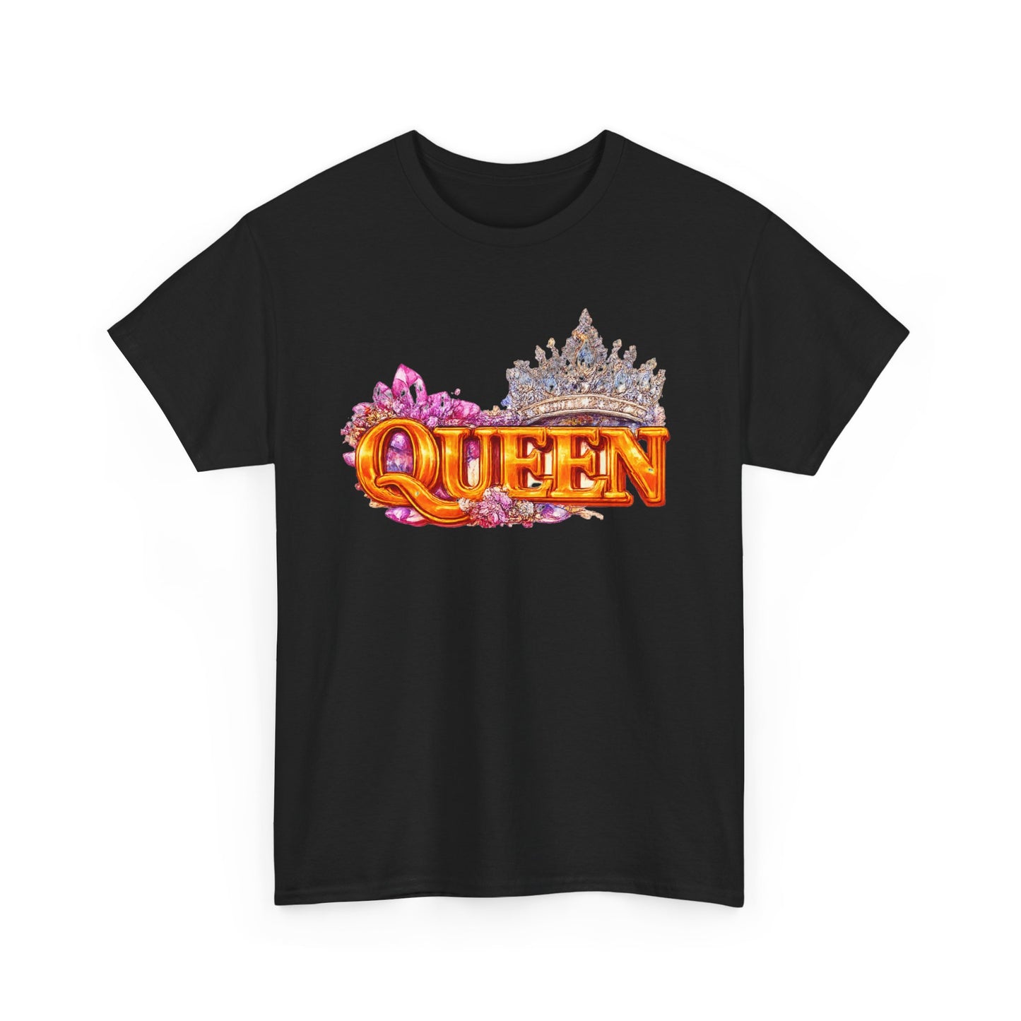 Black t-shirt with 'QUEEN' and crown design on a white background