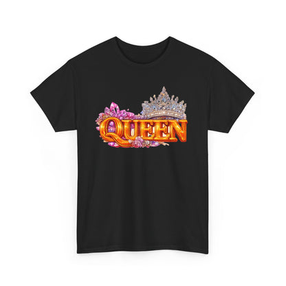 Black t-shirt with 'QUEEN' and crown design on a white background