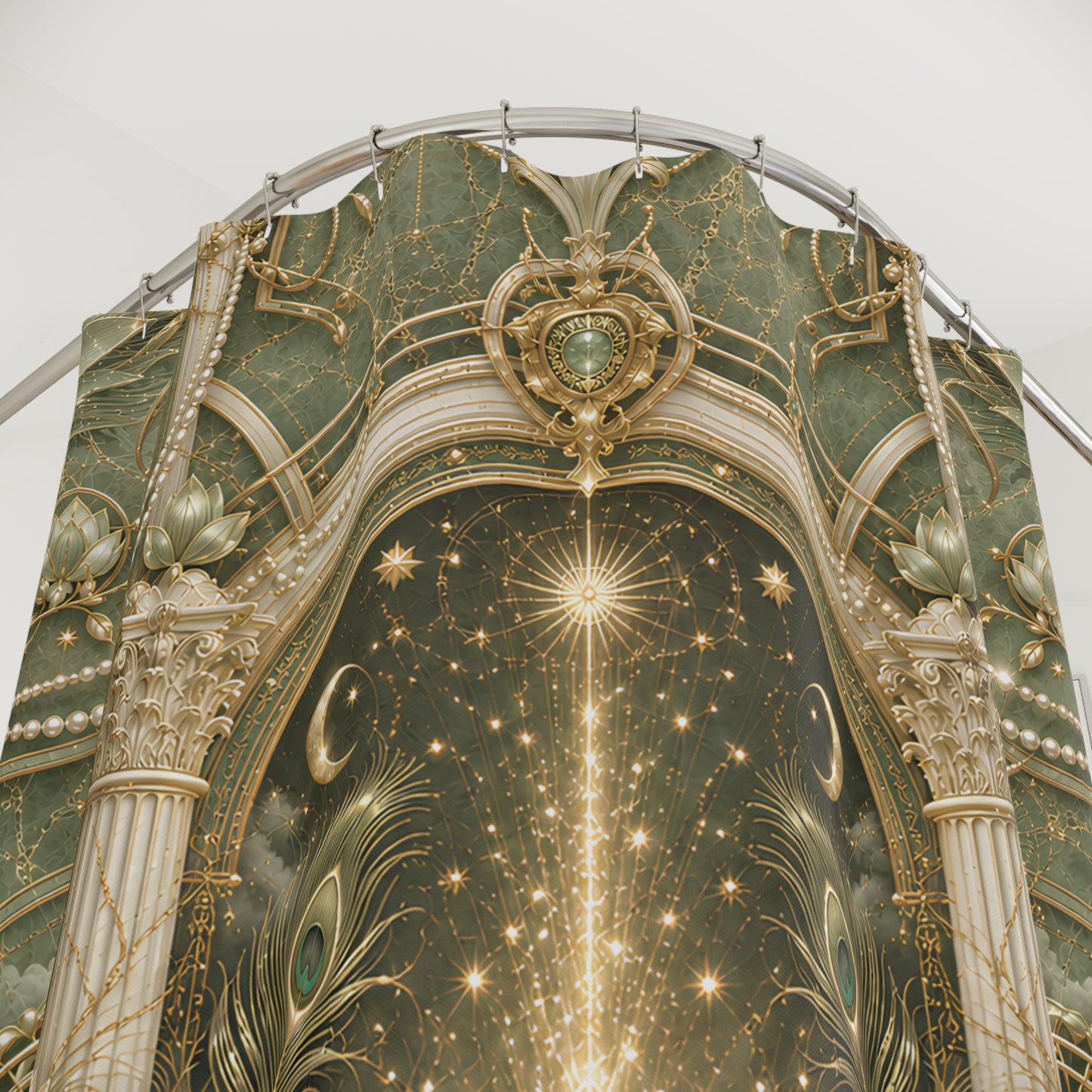 Lotus Arch Shower Curtain — Mystical Green Lotus & Starfall Bathroom Decor