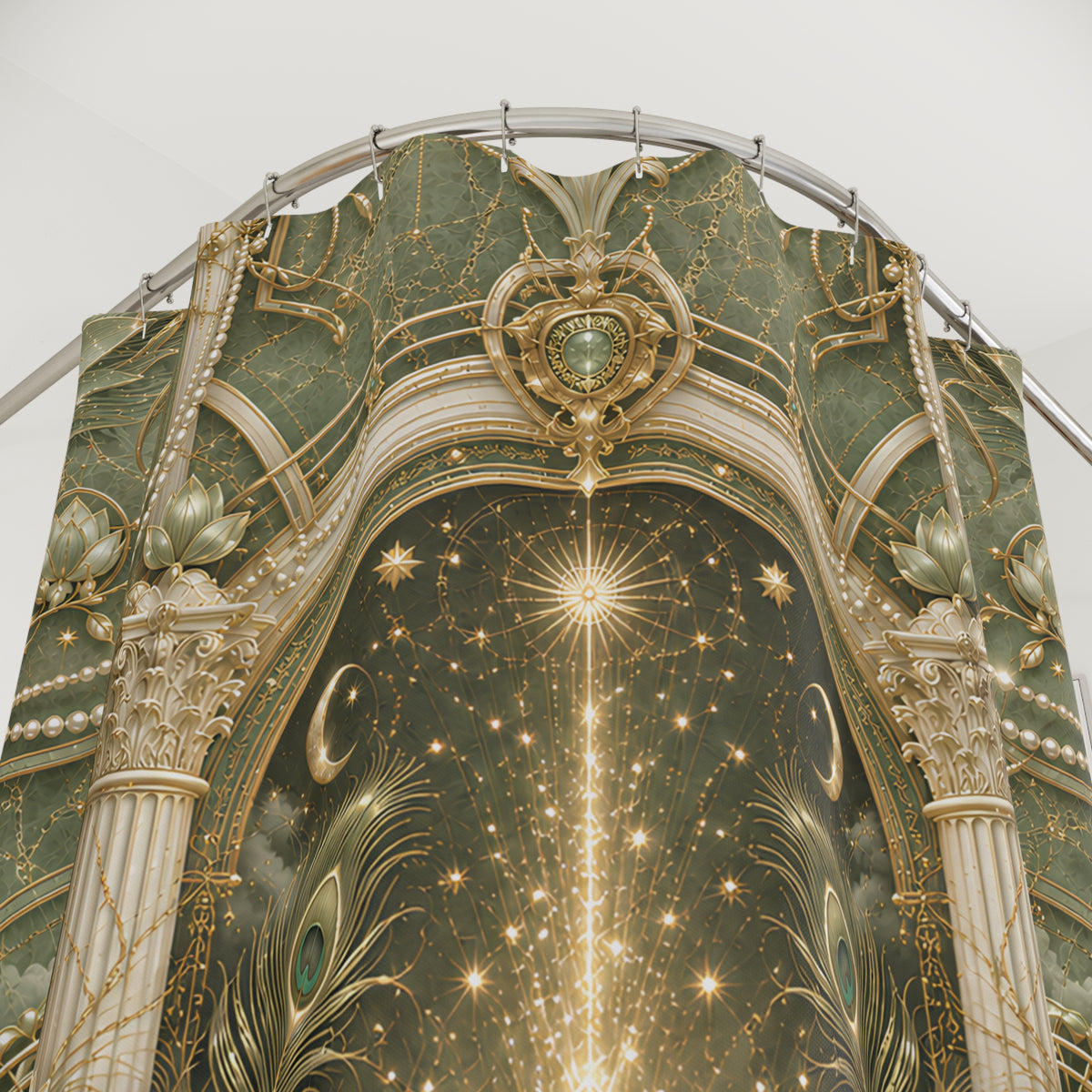 An ornate decorative archway or  shower curtain featuring a celestial design with stars, moons, peacock feather motifs, and gold detailing on a green and cream background.