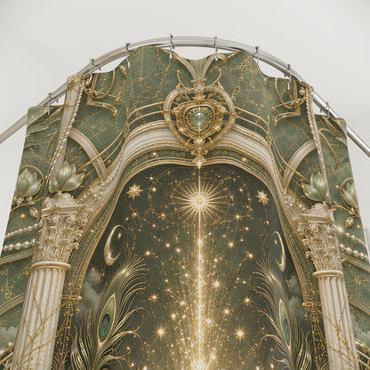 Lotus Arch Shower Curtain — Mystical Green Lotus & Starfall Bathroom Decor